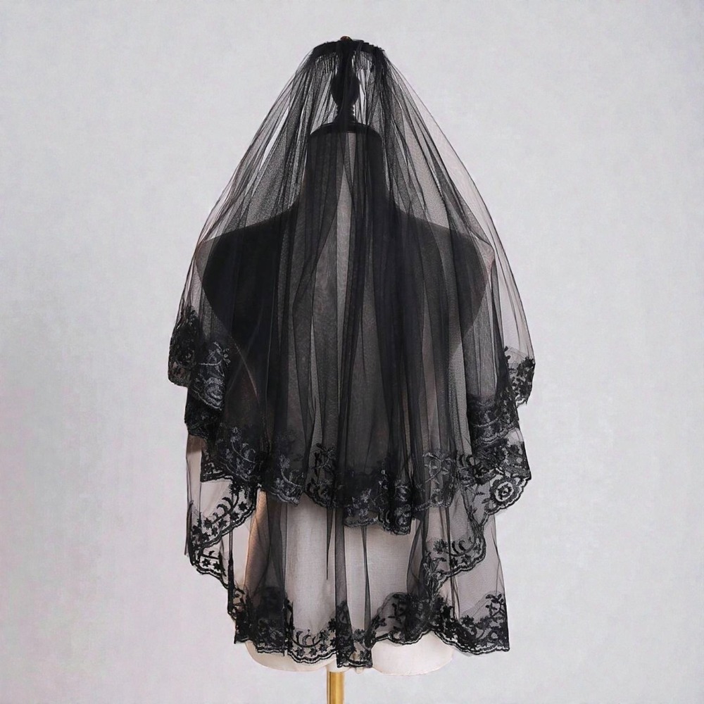 New Black Lace 2-tiered Veil 30 inch Wedding‎ Goth Victorian Bridal Bride